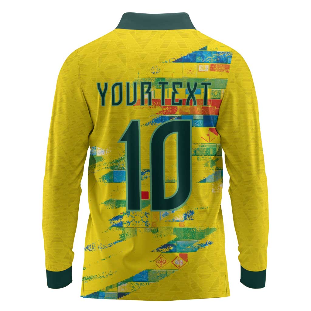 Custom Brasil Football Long Sleeve Polo Shirt Abstract Art Inspired Rio Mosaic Steps