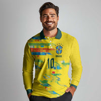 Custom Brasil Football Long Sleeve Polo Shirt Abstract Art Inspired Rio Mosaic Steps