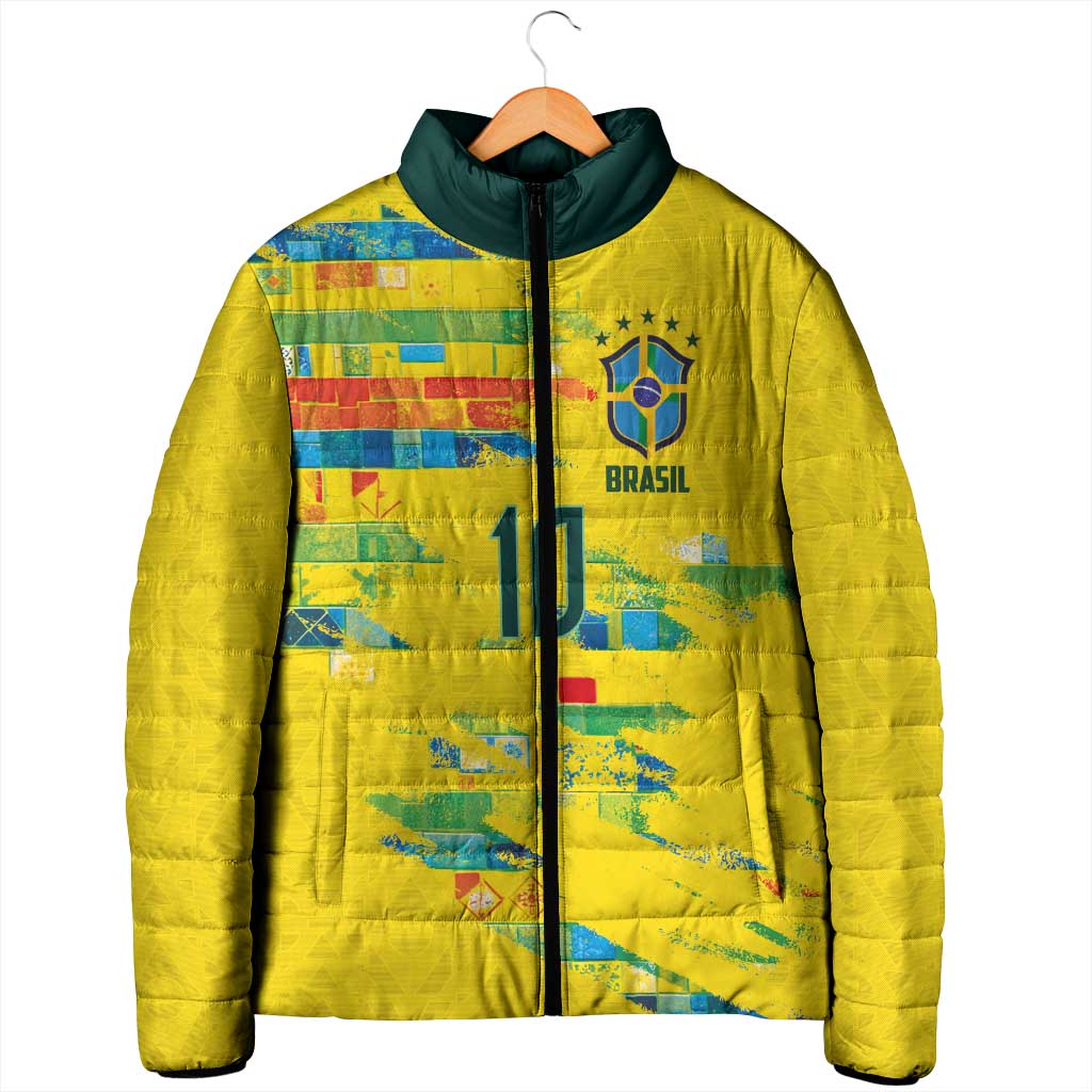 Custom Brasil Football Padded Jacket Abstract Art Inspired Rio Mosaic Steps