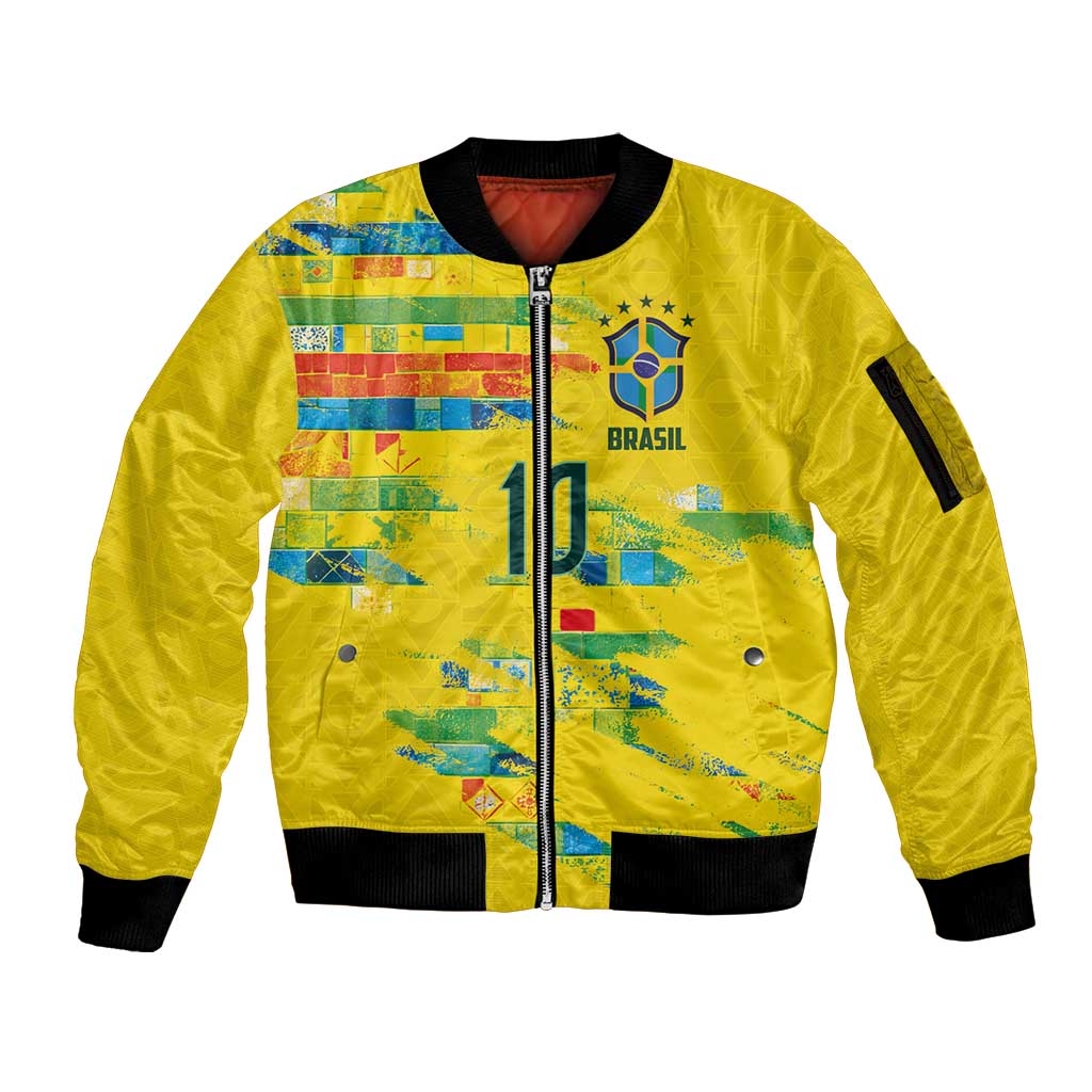 Custom Brasil Football Sleeve Zip Bomber Jacket Abstract Art Inspired Rio Mosaic Steps