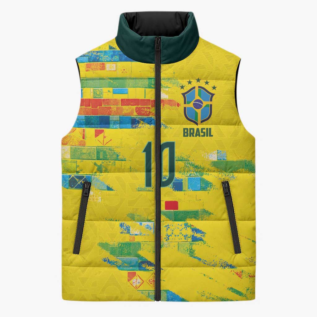 Custom Brasil Football Sleeveless Puffer Jacket Abstract Art Inspired Rio Mosaic Steps