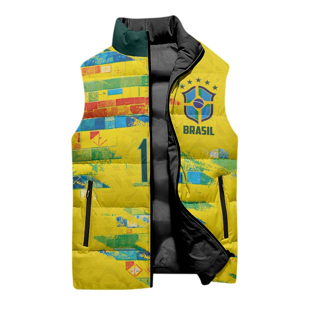 Custom Brasil Football Sleeveless Puffer Jacket Abstract Art Inspired Rio Mosaic Steps