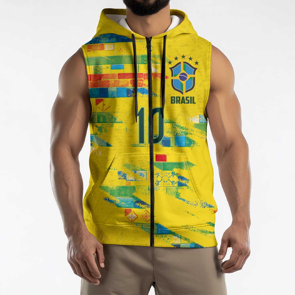 Custom Brasil Football Sleeveless Zip Hoodie Abstract Art Inspired Rio Mosaic Steps