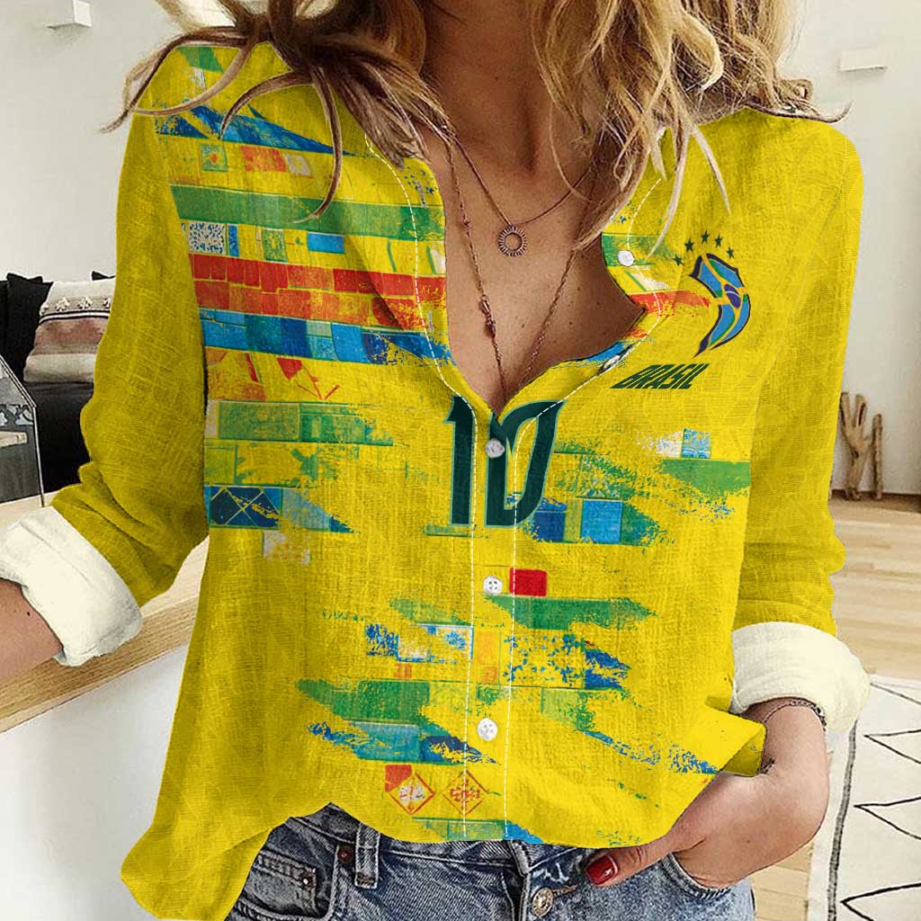 Custom Brasil Football Women Casual Shirt Abstract Art Inspired Rio Mosaic Steps