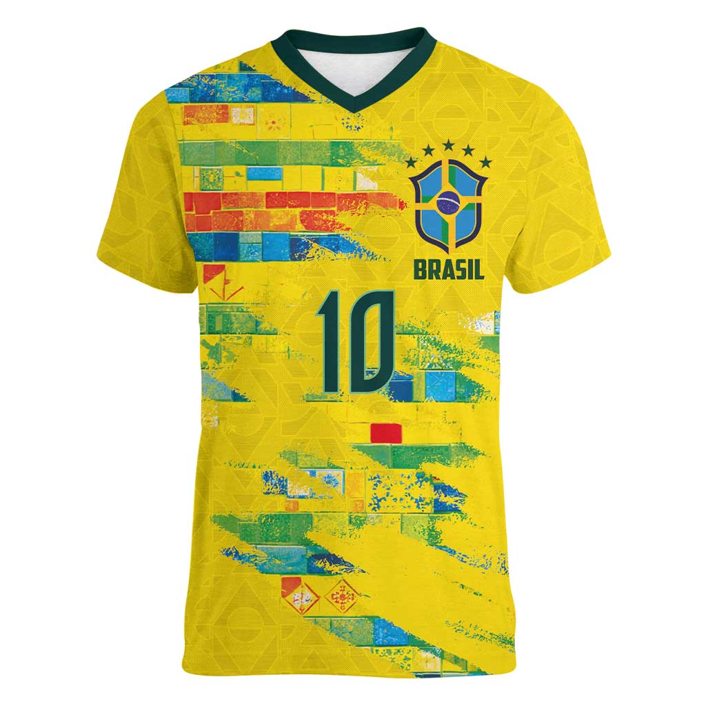 Custom Brasil Football Women V-Neck T-Shirt Abstract Art Inspired Rio Mosaic Steps