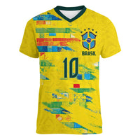 Custom Brasil Football Women V-Neck T-Shirt Abstract Art Inspired Rio Mosaic Steps