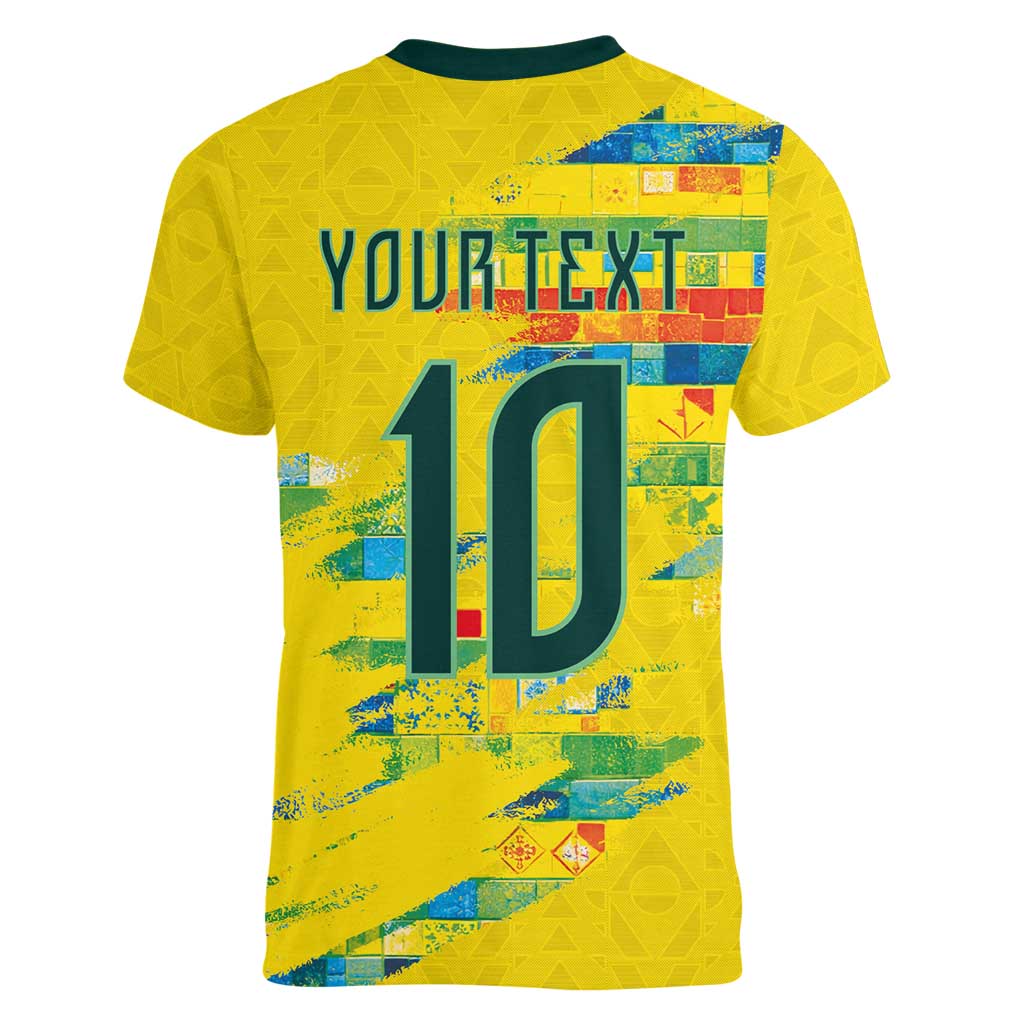 Custom Brasil Football Women V-Neck T-Shirt Abstract Art Inspired Rio Mosaic Steps