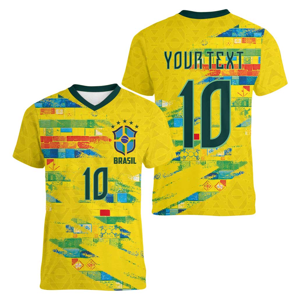 Custom Brasil Football Women V-Neck T-Shirt Abstract Art Inspired Rio Mosaic Steps