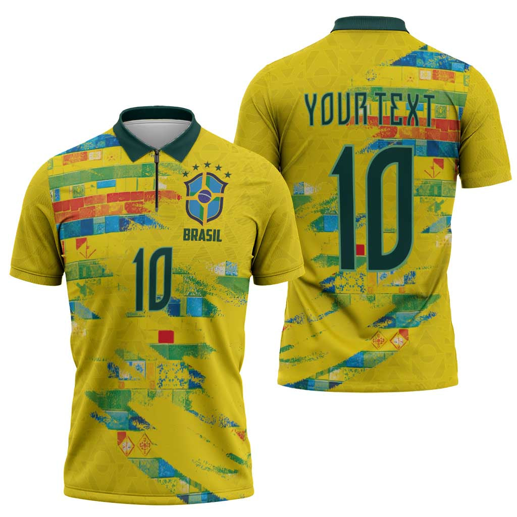 Custom Brasil Football Zipper Polo Shirt Abstract Art Inspired Rio Mosaic Steps