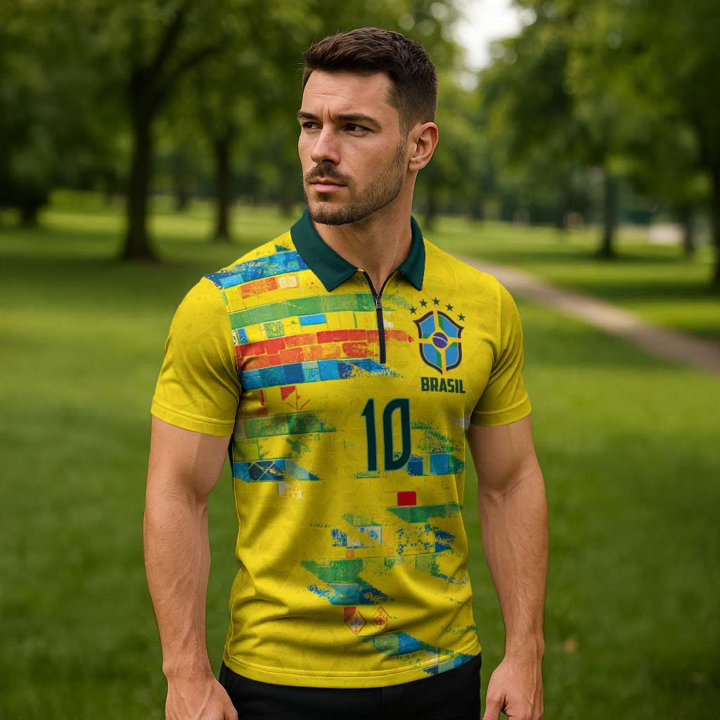 Custom Brasil Football Zipper Polo Shirt Abstract Art Inspired Rio Mosaic Steps