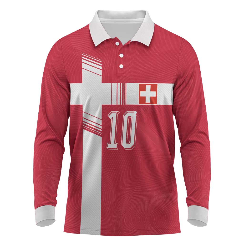Custom Switzerland National Football Long Sleeve Polo Shirt Abstract Topographic Wave Pattern
