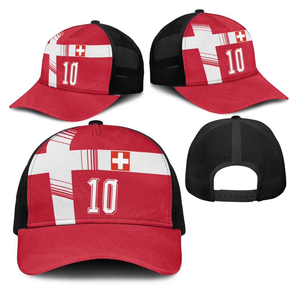 Custom Switzerland National Football Mesh Trucker Cap Abstract Topographic Wave Pattern