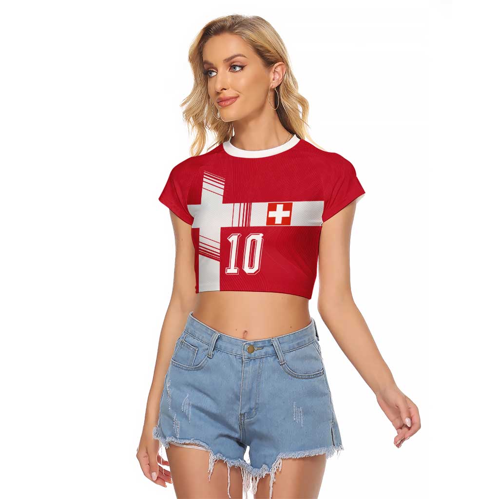 Custom Switzerland National Football Raglan Cropped T Shirt Abstract Topographic Wave Pattern