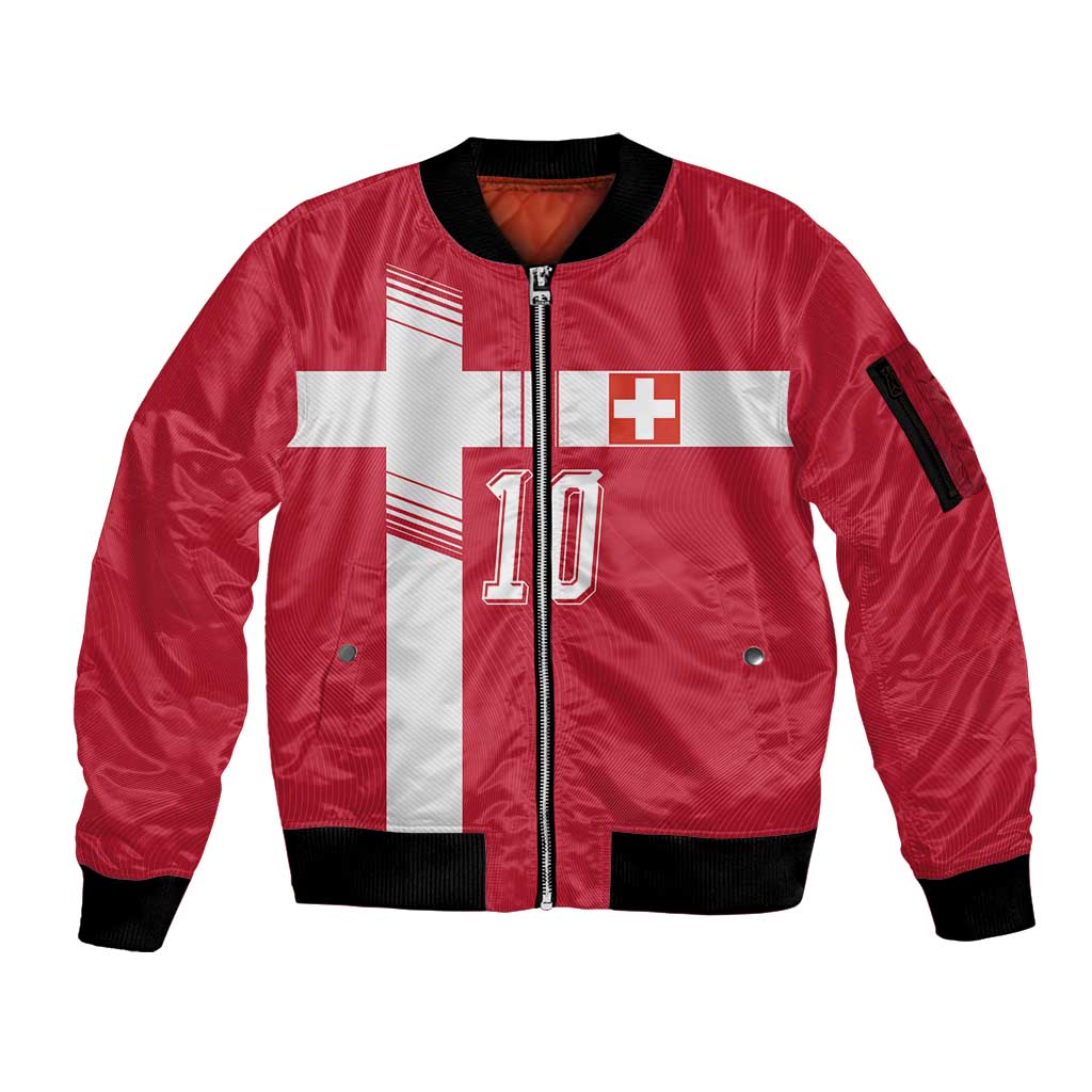 Custom Switzerland National Football Sleeve Zip Bomber Jacket Abstract Topographic Wave Pattern
