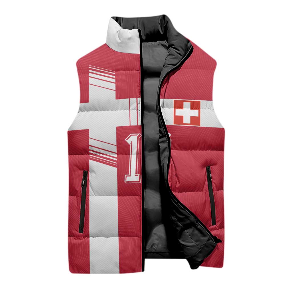 Custom Switzerland National Football Sleeveless Puffer Jacket Abstract Topographic Wave Pattern