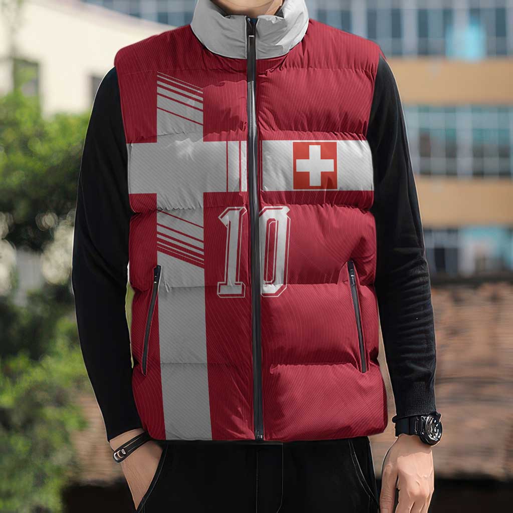 Custom Switzerland National Football Sleeveless Puffer Jacket Abstract Topographic Wave Pattern