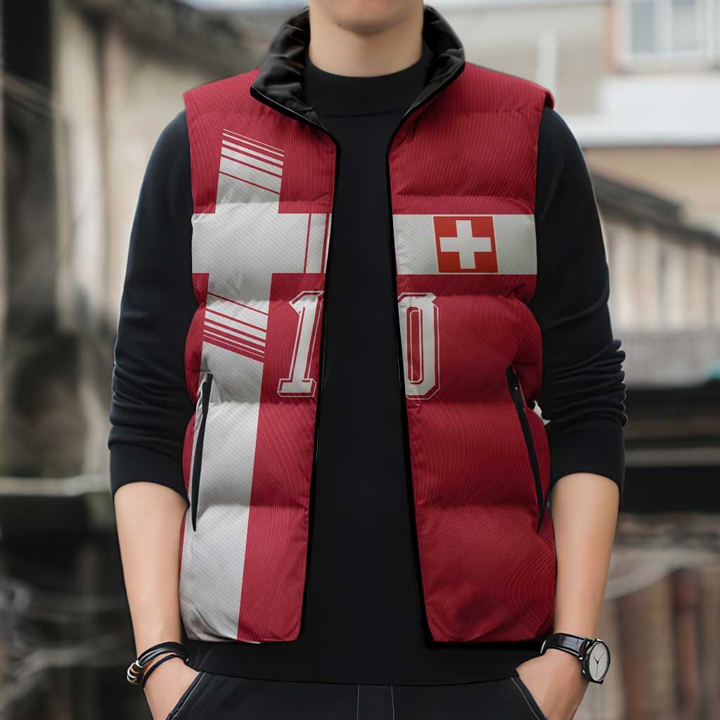 Custom Switzerland National Football Sleeveless Puffer Jacket Abstract Topographic Wave Pattern