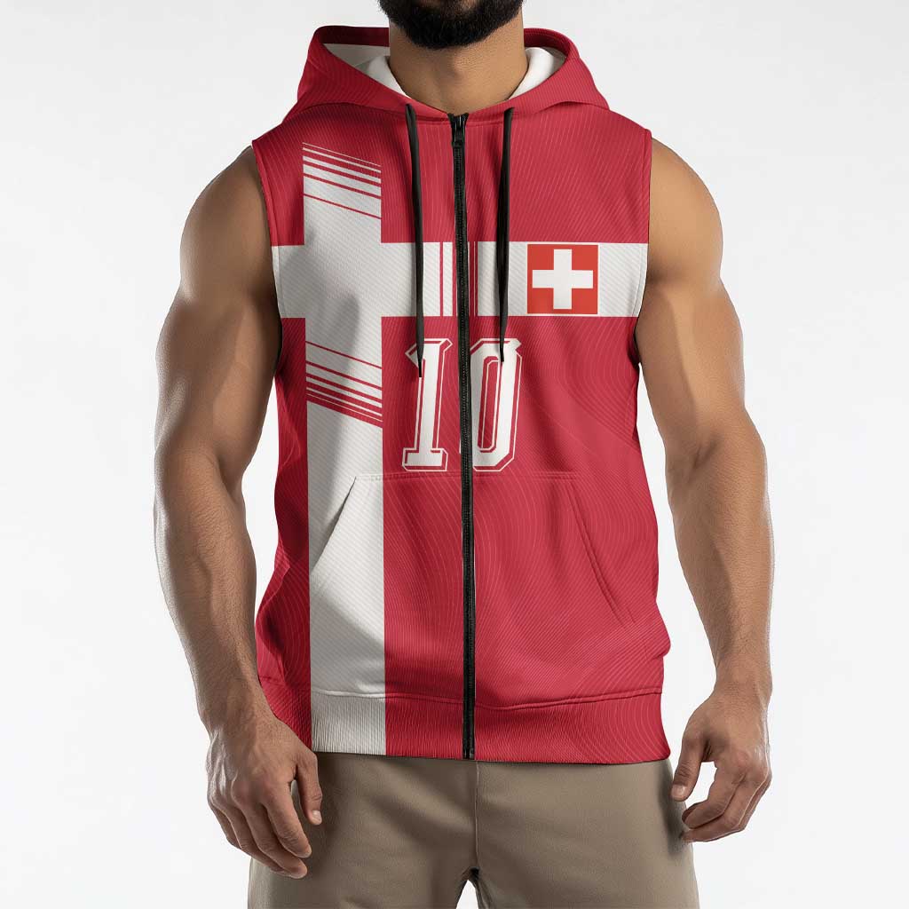 Custom Switzerland National Football Sleeveless Zip Hoodie Abstract Topographic Wave Pattern
