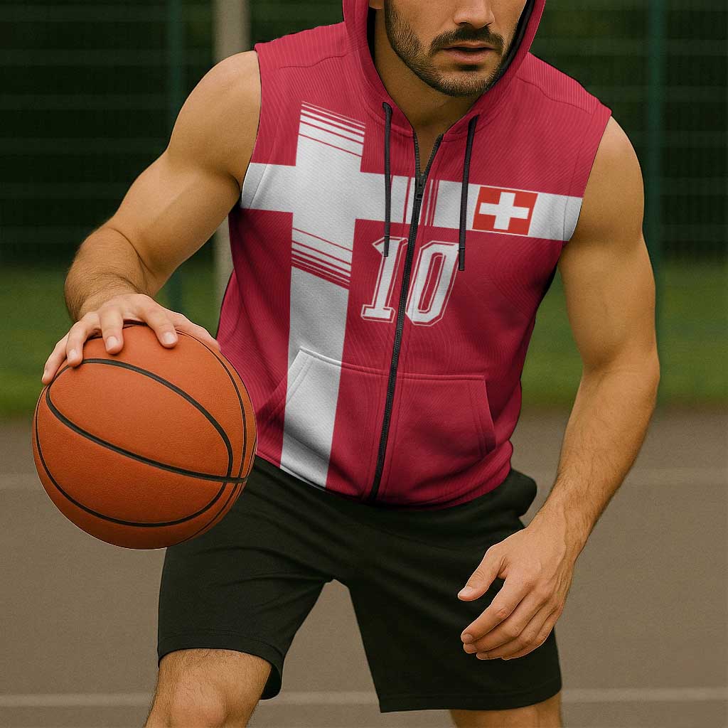 Custom Switzerland National Football Sleeveless Zip Hoodie Abstract Topographic Wave Pattern