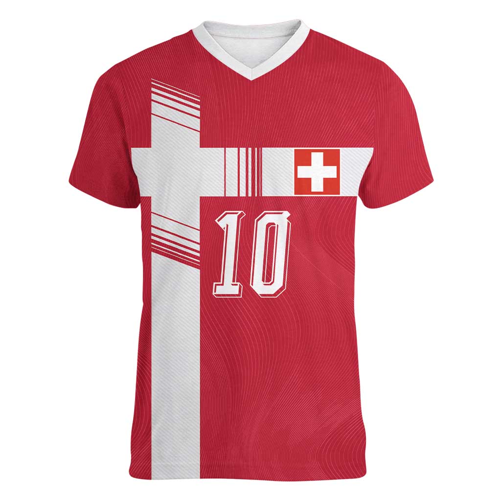 Custom Switzerland National Football Women V-Neck T-Shirt Abstract Topographic Wave Pattern