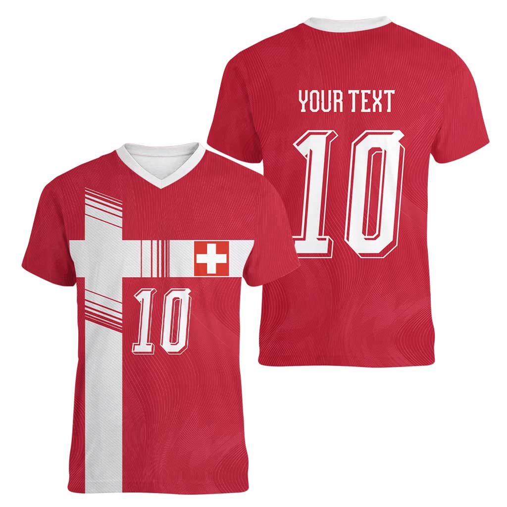Custom Switzerland National Football Women V-Neck T-Shirt Abstract Topographic Wave Pattern