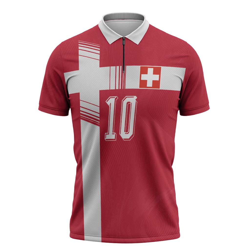 Custom Switzerland National Football Zipper Polo Shirt Abstract Topographic Wave Pattern