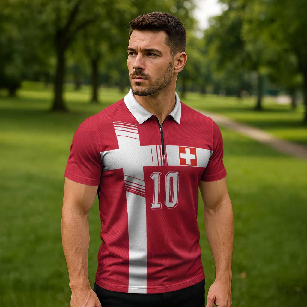 Custom Switzerland National Football Zipper Polo Shirt Abstract Topographic Wave Pattern