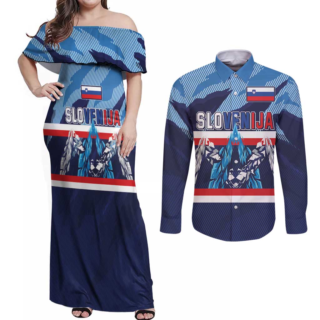 Custom Slovenia Sport Fan Jersey Couples Matching Off Shoulder Maxi Dress and Long Sleeve Button Shirt Broken Ice Style Patterns - Wonder Print Shop