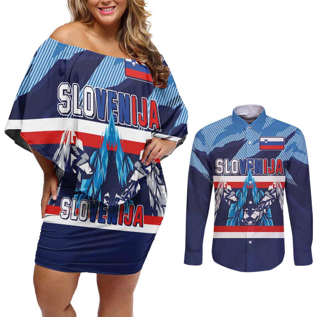 Custom Slovenia Sport Fan Jersey Couples Matching Off Shoulder Short Dress and Long Sleeve Button Shirt Broken Ice Style Patterns - Wonder Print Shop