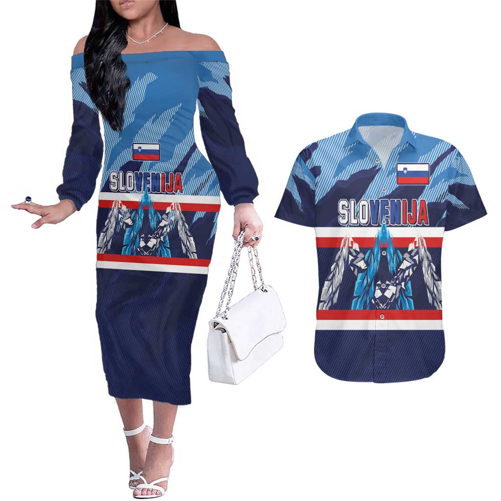 Custom Slovenia Sport Fan Jersey Couples Matching Off The Shoulder Long Sleeve Dress and Hawaiian Shirt Broken Ice Style Patterns - Wonder Print Shop