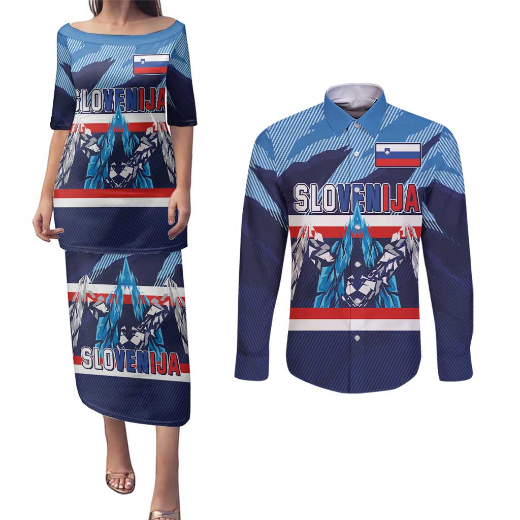 Custom Slovenia Sport Fan Jersey Couples Matching Puletasi and Long Sleeve Button Shirt Broken Ice Style Patterns - Wonder Print Shop