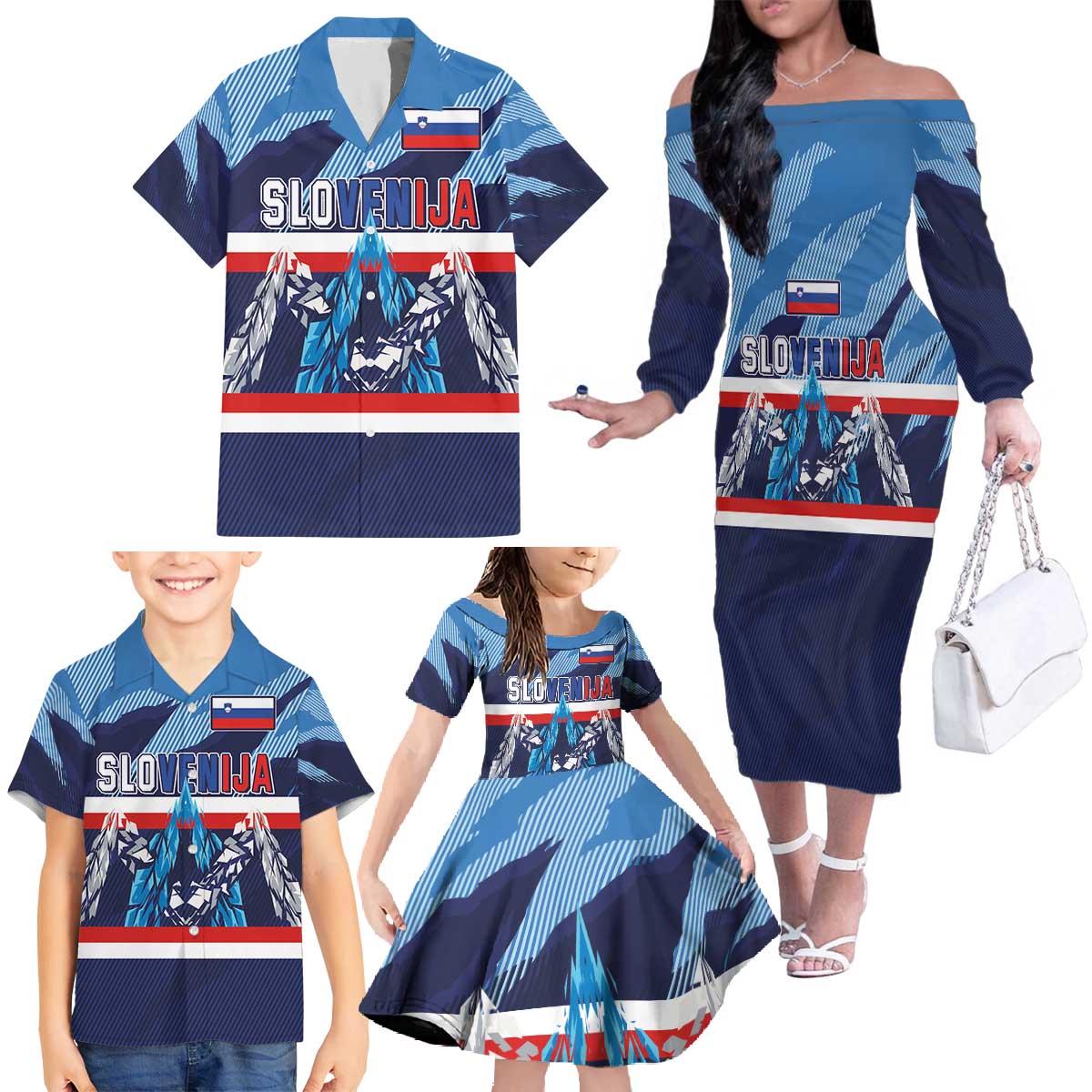 Custom Slovenia Sport Fan Jersey Family Matching Off The Shoulder Long Sleeve Dress and Hawaiian Shirt Broken Ice Style Patterns - Wonder Print Shop