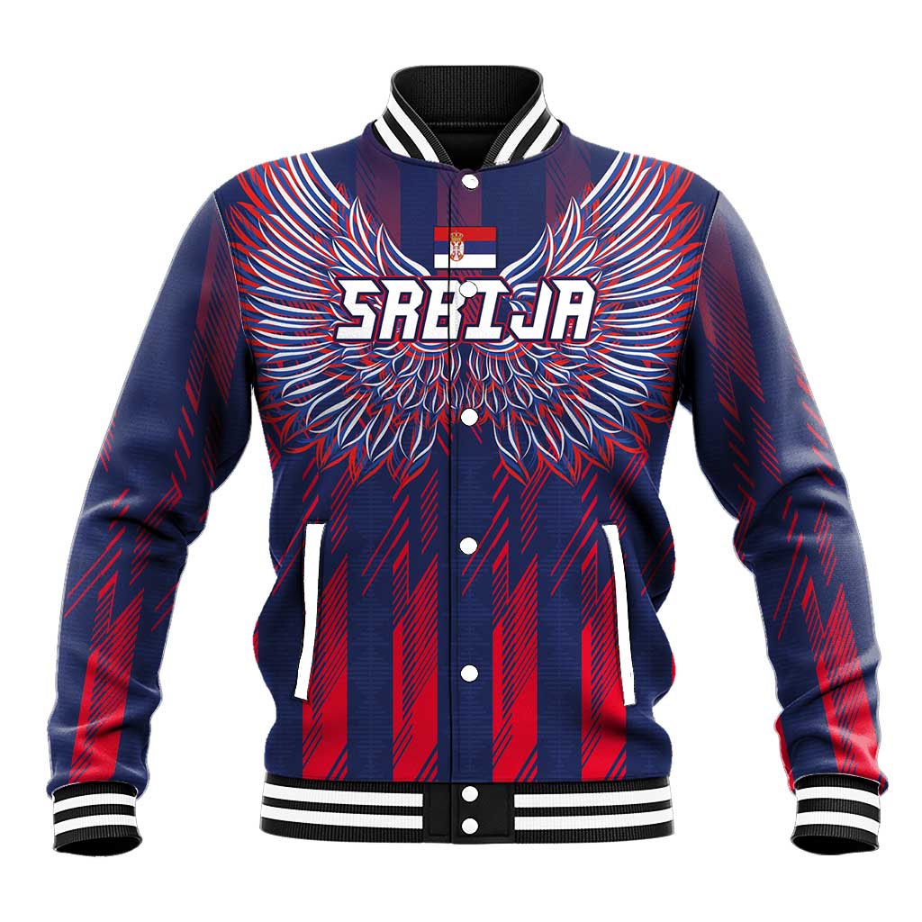 Custom Serbia Sport Fan Jersey Baseball Jacket Eagle Wings with Sporty Stripes Style - Wonder Print Shop