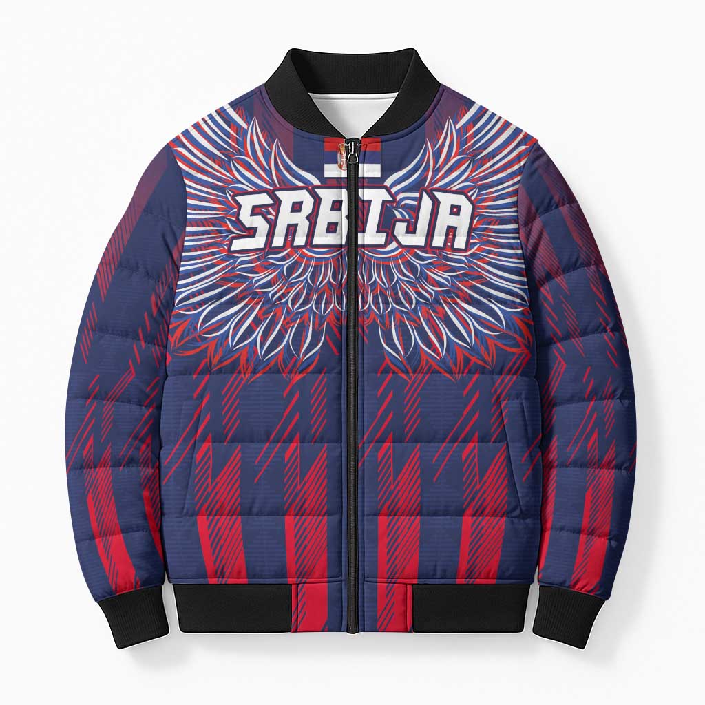 Custom Serbia Sport Fan Jersey Bomber Puffer Jacket Eagle Wings with Sporty Stripes Style - Wonder Print Shop