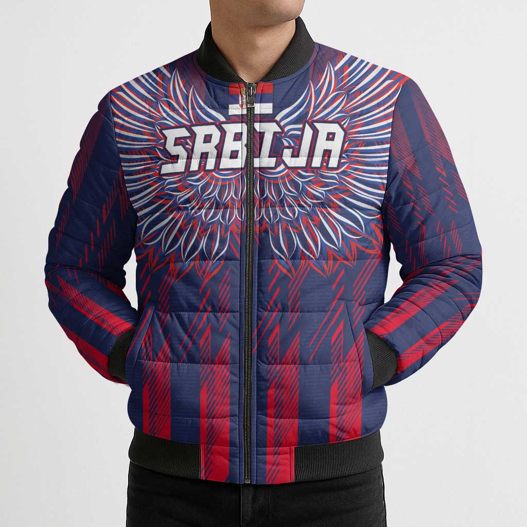 Custom Serbia Sport Fan Jersey Bomber Puffer Jacket Eagle Wings with Sporty Stripes Style - Wonder Print Shop
