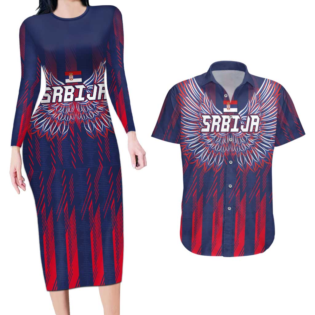 Custom Serbia Sport Fan Jersey Couples Matching Long Sleeve Bodycon Dress and Hawaiian Shirt Eagle Wings with Sporty Stripes Style - Wonder Print Shop