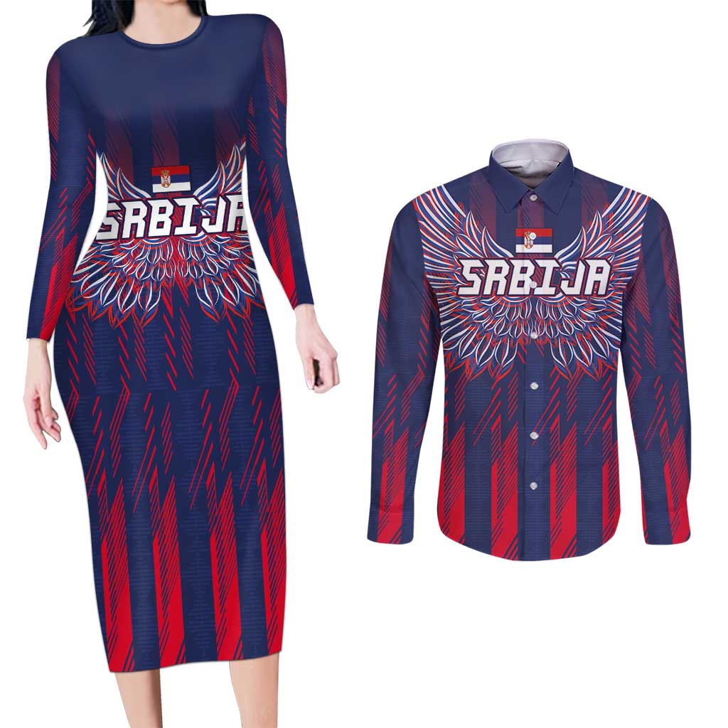 Custom Serbia Sport Fan Jersey Couples Matching Long Sleeve Bodycon Dress and Long Sleeve Button Shirt Eagle Wings with Sporty Stripes Style - Wonder Print Shop