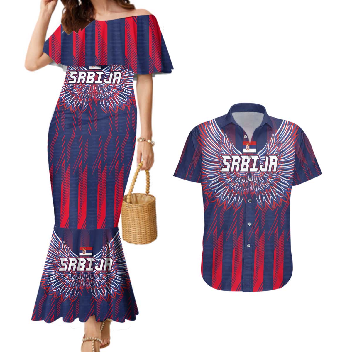 Custom Serbia Sport Fan Jersey Couples Matching Mermaid Dress and Hawaiian Shirt Eagle Wings with Sporty Stripes Style - Wonder Print Shop