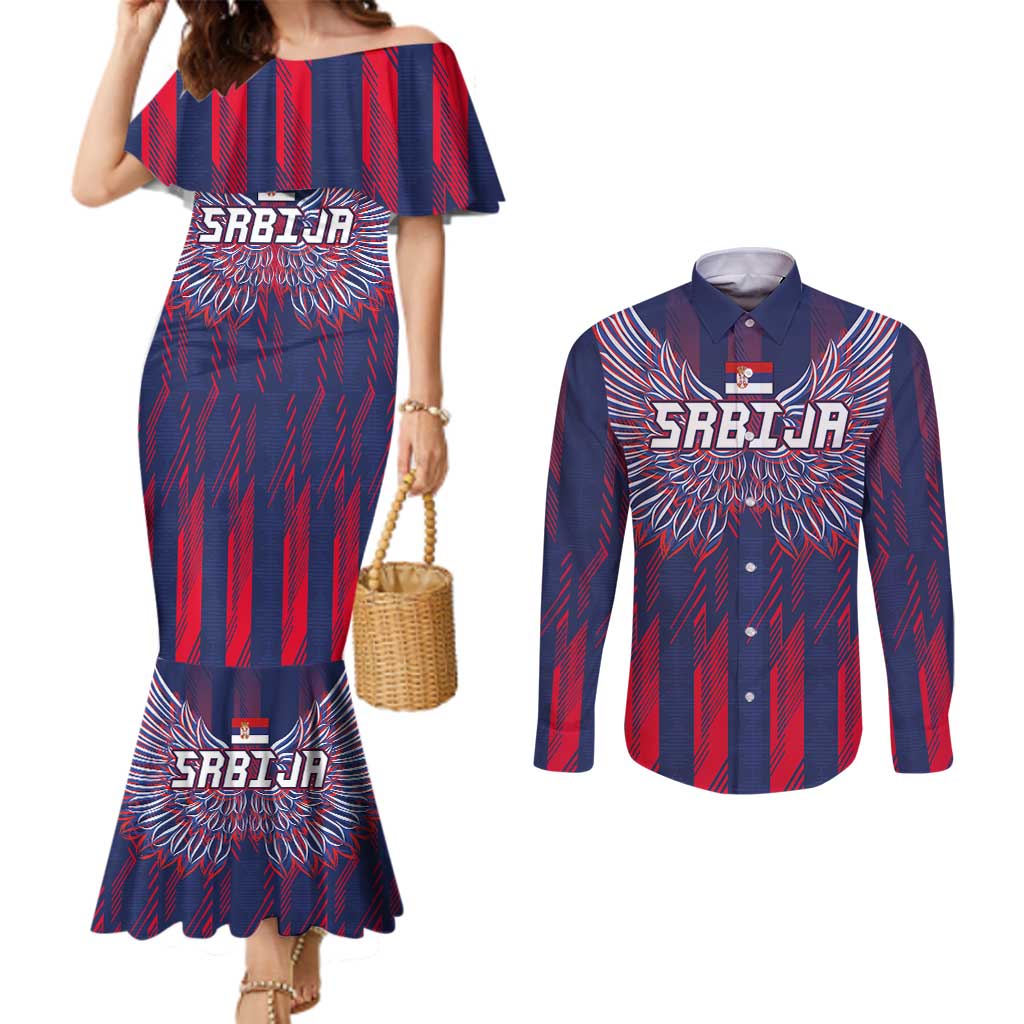 Custom Serbia Sport Fan Jersey Couples Matching Mermaid Dress and Long Sleeve Button Shirt Eagle Wings with Sporty Stripes Style - Wonder Print Shop