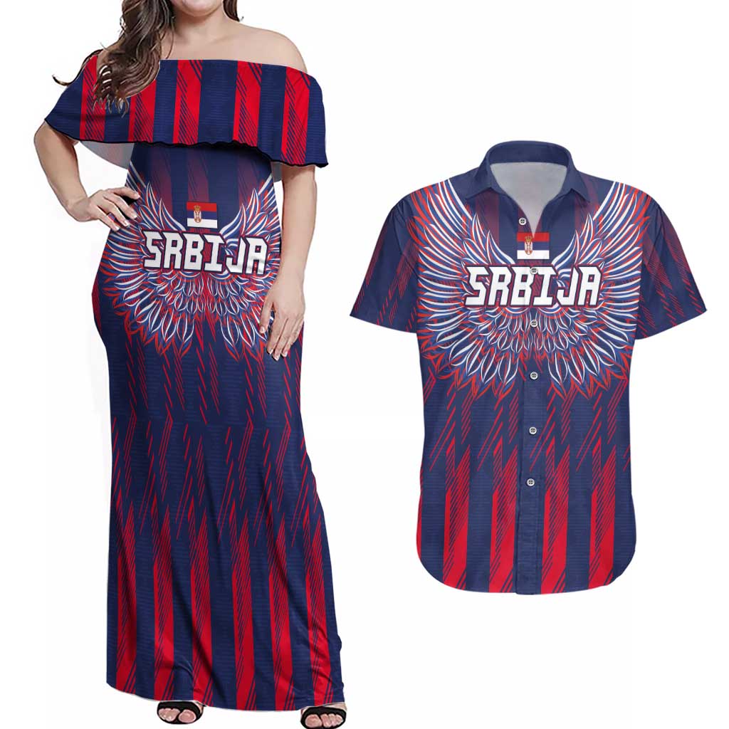 Custom Serbia Sport Fan Jersey Couples Matching Off Shoulder Maxi Dress and Hawaiian Shirt Eagle Wings with Sporty Stripes Style - Wonder Print Shop