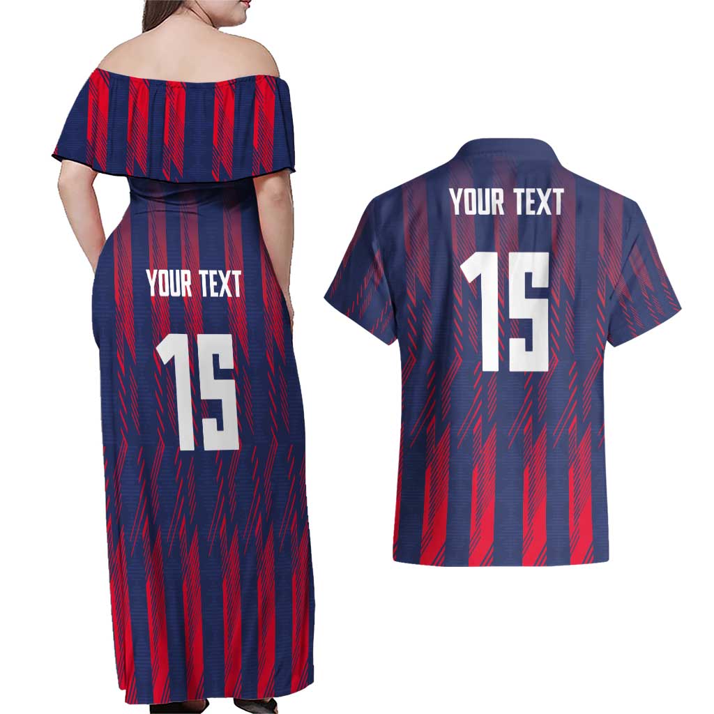 Custom Serbia Sport Fan Jersey Couples Matching Off Shoulder Maxi Dress and Hawaiian Shirt Eagle Wings with Sporty Stripes Style - Wonder Print Shop