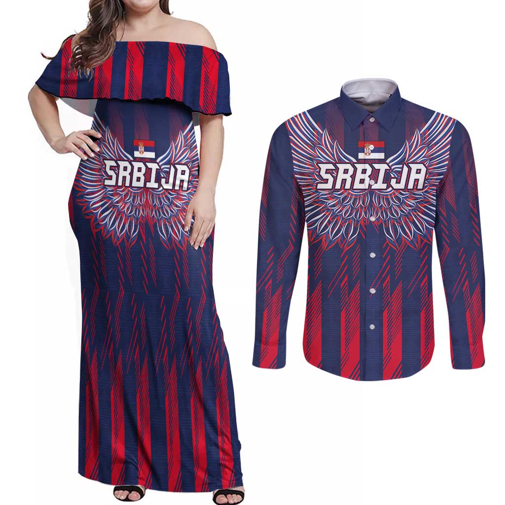 Custom Serbia Sport Fan Jersey Couples Matching Off Shoulder Maxi Dress and Long Sleeve Button Shirt Eagle Wings with Sporty Stripes Style - Wonder Print Shop