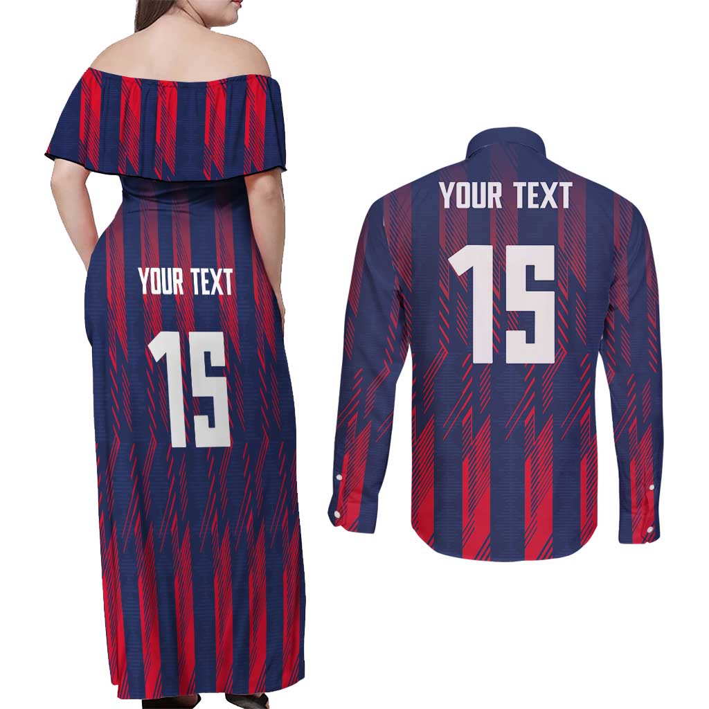 Custom Serbia Sport Fan Jersey Couples Matching Off Shoulder Maxi Dress and Long Sleeve Button Shirt Eagle Wings with Sporty Stripes Style - Wonder Print Shop