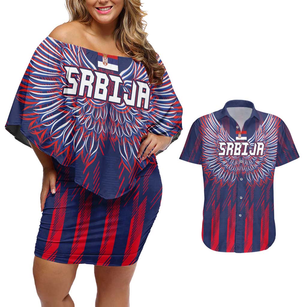 Custom Serbia Sport Fan Jersey Couples Matching Off Shoulder Short Dress and Hawaiian Shirt Eagle Wings with Sporty Stripes Style - Wonder Print Shop