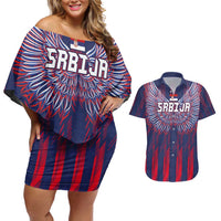 Custom Serbia Sport Fan Jersey Couples Matching Off Shoulder Short Dress and Hawaiian Shirt Eagle Wings with Sporty Stripes Style - Wonder Print Shop