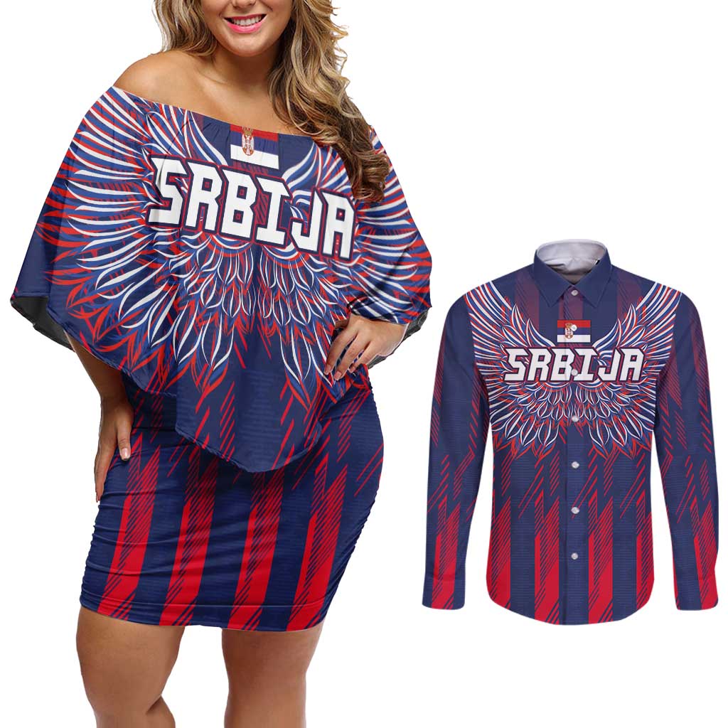 Custom Serbia Sport Fan Jersey Couples Matching Off Shoulder Short Dress and Long Sleeve Button Shirt Eagle Wings with Sporty Stripes Style - Wonder Print Shop