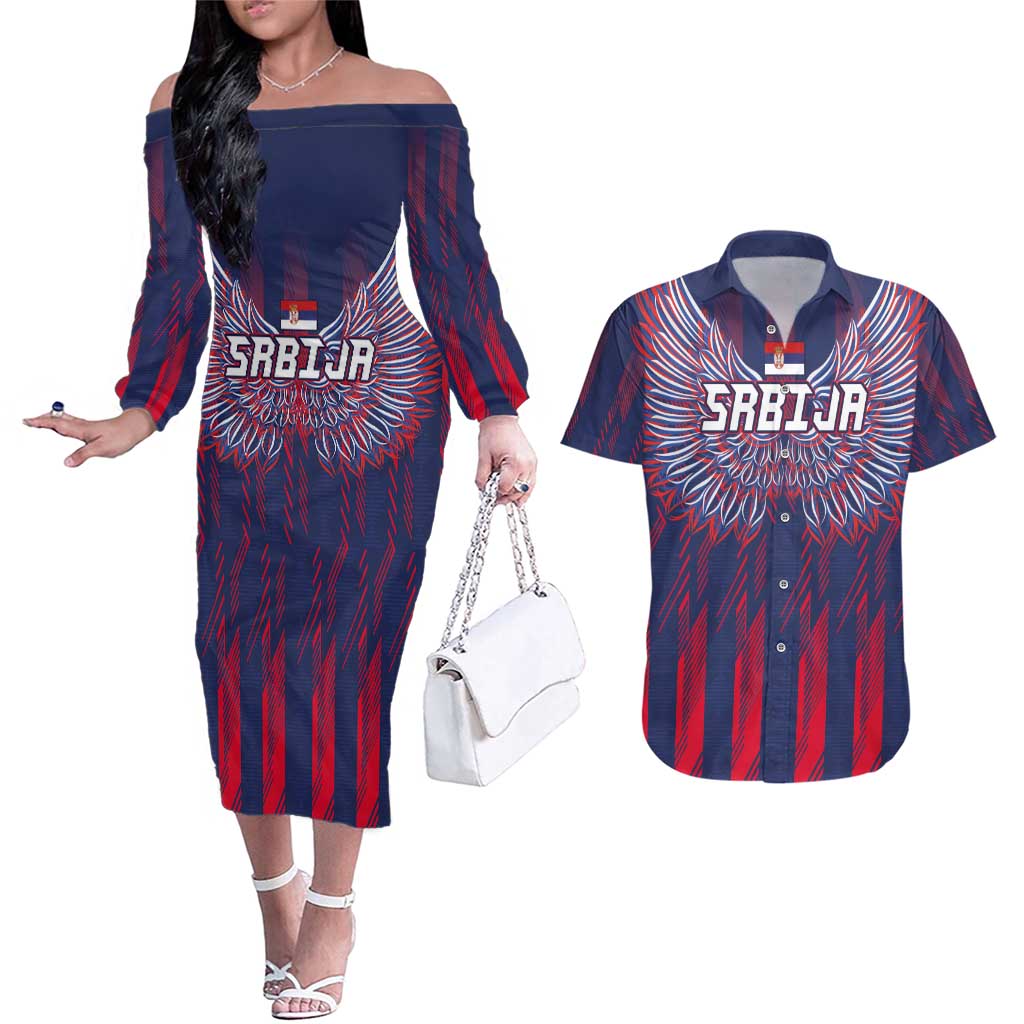 Custom Serbia Sport Fan Jersey Couples Matching Off The Shoulder Long Sleeve Dress and Hawaiian Shirt Eagle Wings with Sporty Stripes Style - Wonder Print Shop