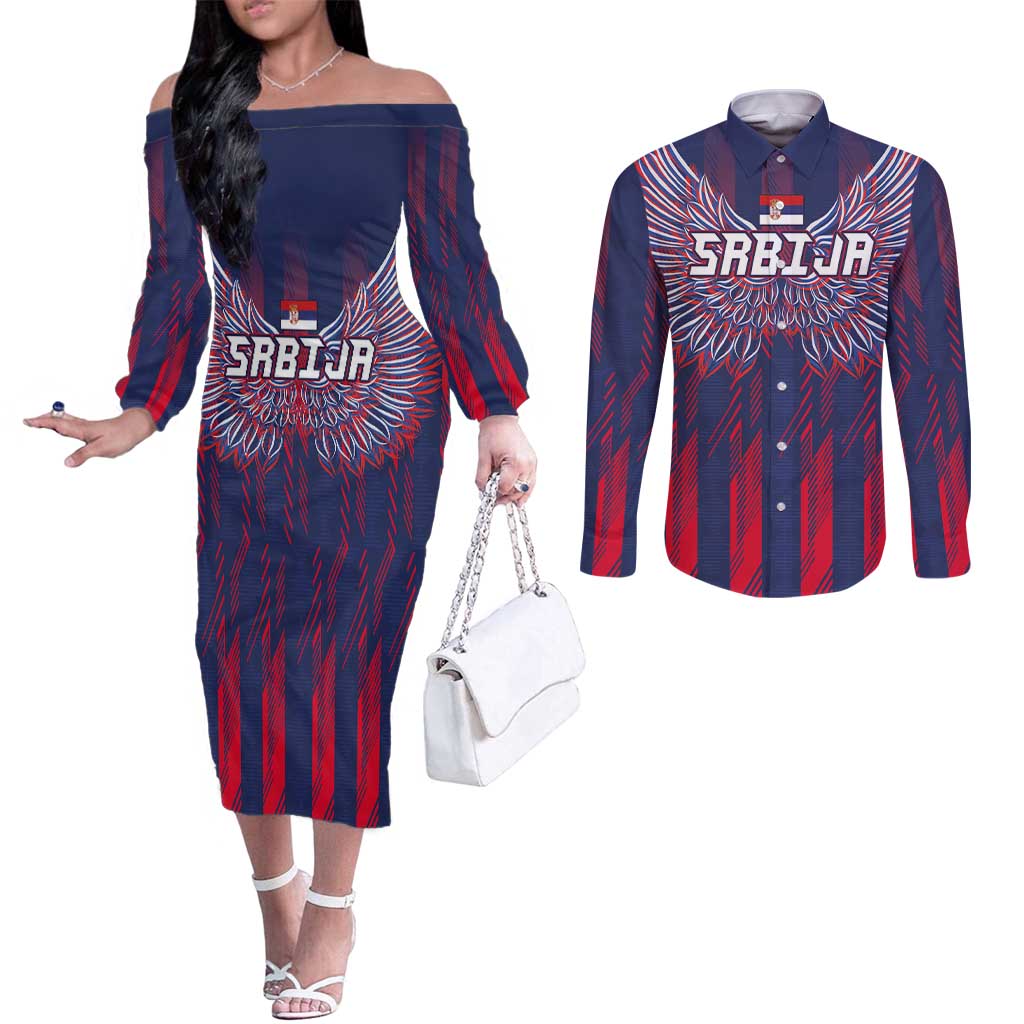Custom Serbia Sport Fan Jersey Couples Matching Off The Shoulder Long Sleeve Dress and Long Sleeve Button Shirt Eagle Wings with Sporty Stripes Style - Wonder Print Shop