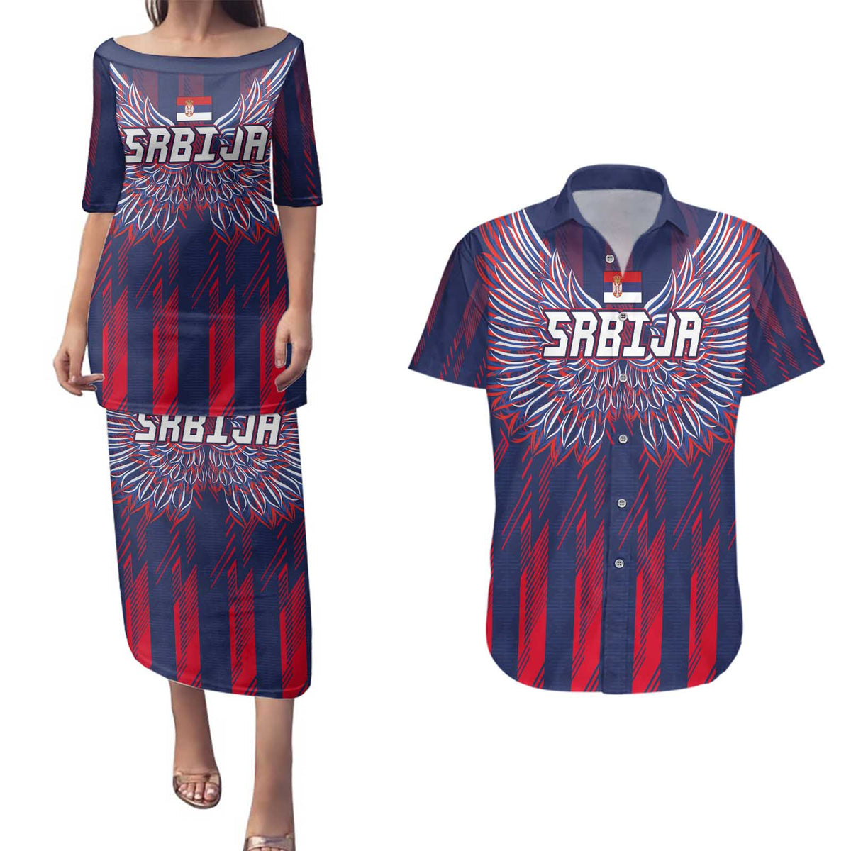 Custom Serbia Sport Fan Jersey Couples Matching Puletasi and Hawaiian Shirt Eagle Wings with Sporty Stripes Style - Wonder Print Shop