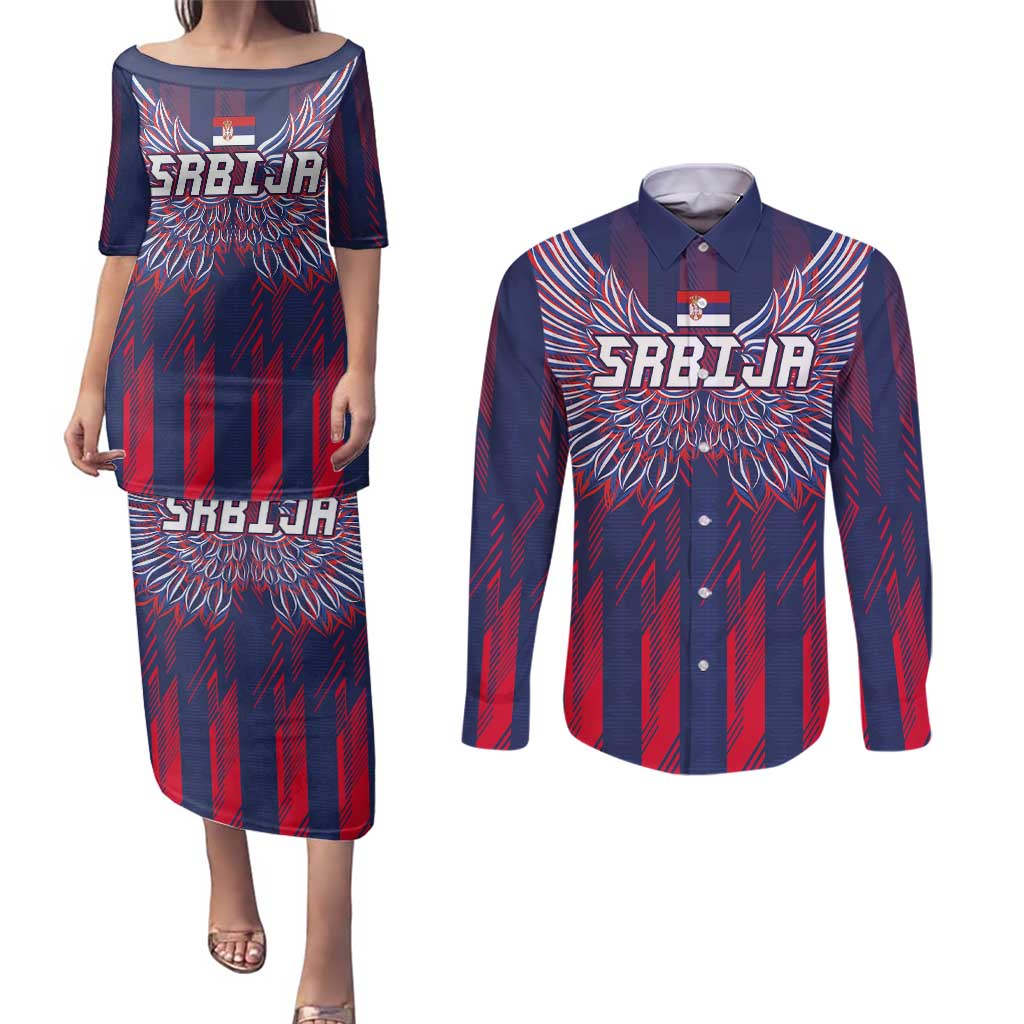 Custom Serbia Sport Fan Jersey Couples Matching Puletasi and Long Sleeve Button Shirt Eagle Wings with Sporty Stripes Style - Wonder Print Shop